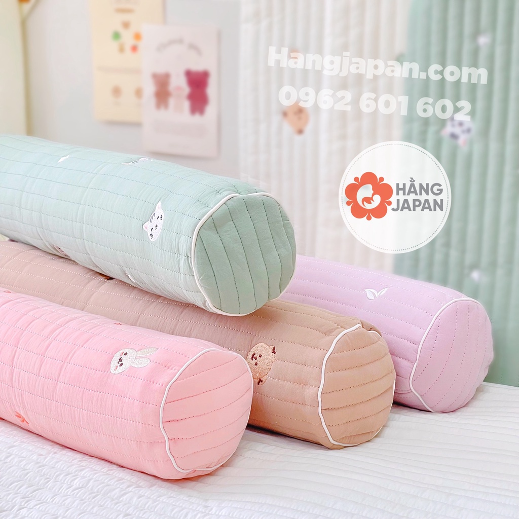 Gối ôm Monona chần bông kiêm gối chặn cũi cho bé từ sơ sinh vỏ thêu cao cấp 60x10cm - Tặng kèm túi đựng