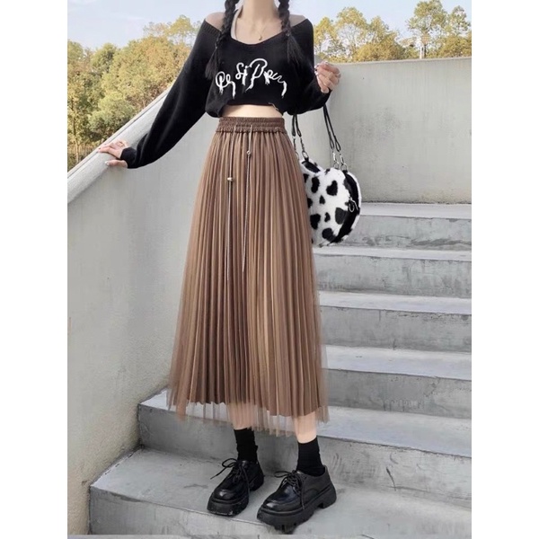 Chân váy xếp ly dây xích dài hàng QC hot hit