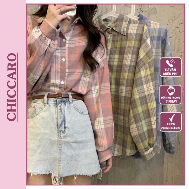 Áo sơ mi kẻ sọc caro nữ form rộng tay dài kiểu đẹp hàng Quảng Châu CHICCARO SM03