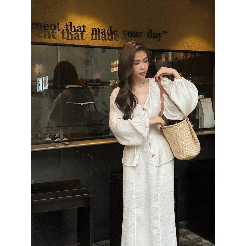 Set áo tay bồng dài tay cổ V kèm chân váy suông