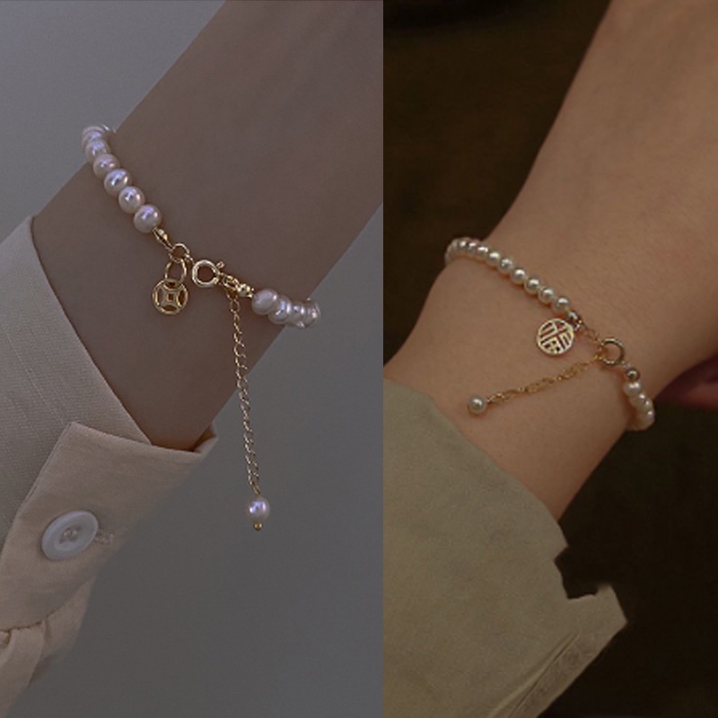 【coffeemate】⚡Vòng tay đính hạt ngọc trai may mắn, lắc chuỗi đeo tay phong cách Trung Hoa cho nữ