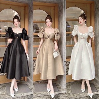 Đầm nữ bigsize, Váy bigsize đầm nữ dự tiệc vải tapta soắn ngực khoét eo tay áo dây rút phồng sang chảnh bigsize 50/90kg