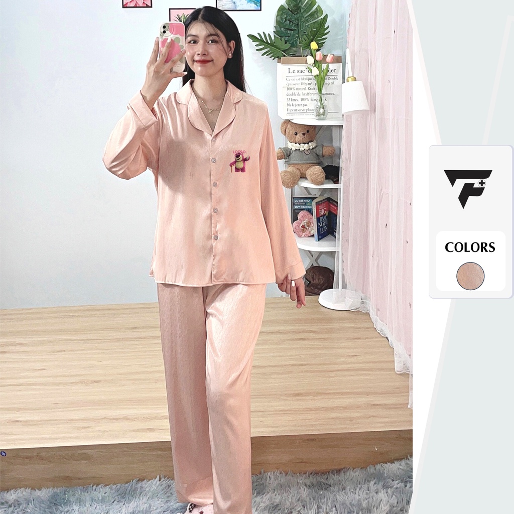 Bộ pijama Tơ Tằm Ánh Kim T13 in hình Gấu cute set đồ mặc nhà tay dài quần dài