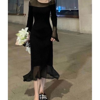 ĐẦM MIDI ĐEN PHỐI VOAN LƯỚI ĐUÔI CÁ 🖤