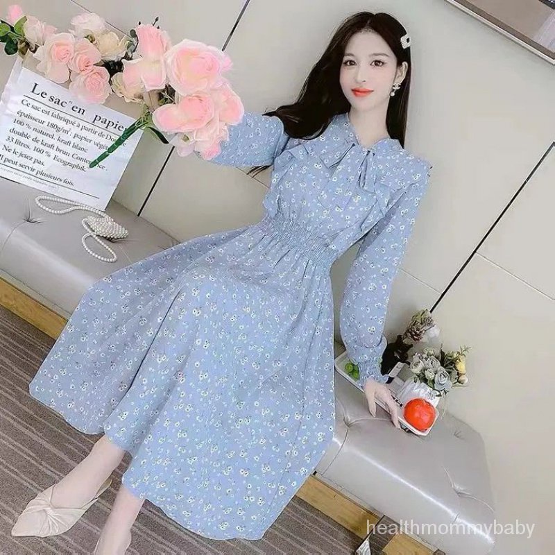 Trang Phục Cho Con Bú Đi Chơi  Hoa Váy Liền Dài Tay Mỏng  Váy Dài Thắt Nơ Mặc Bên Trong Cho Con Bú