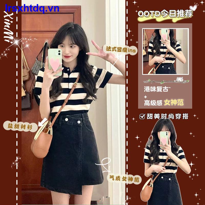 Set Áo Thun Ngắn Tay + Chân váy jean Kẻ Sọc Thời Trang Cho Nữ