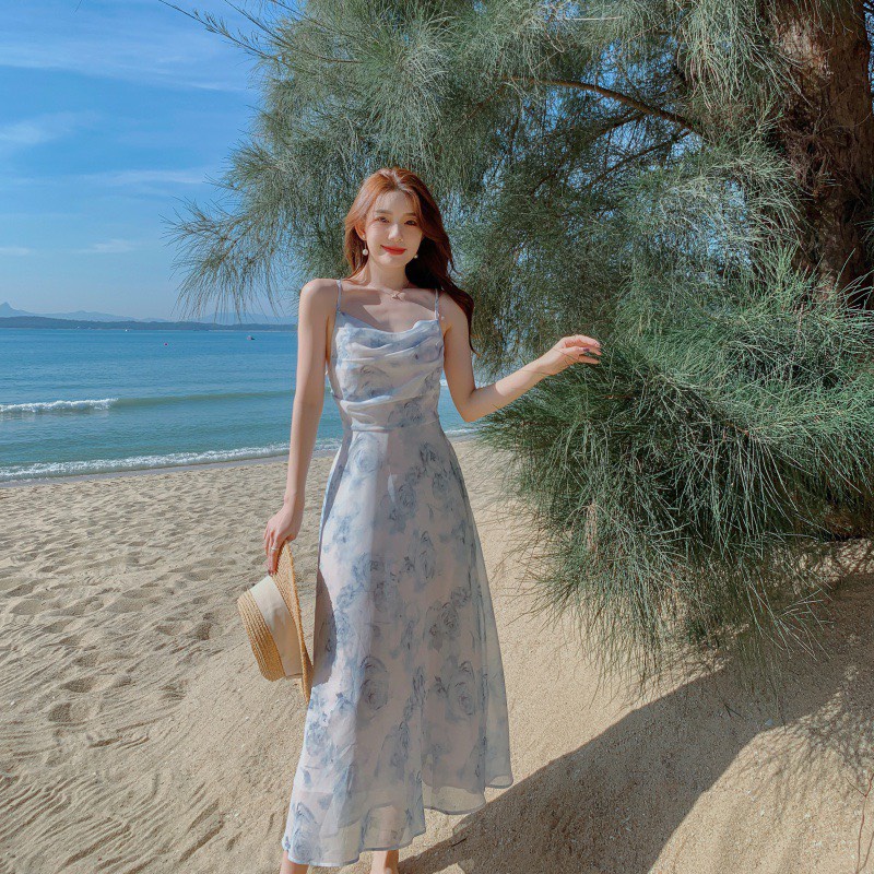 Đầm maxi hoa xanh tiểu thư nhẹ nhàng