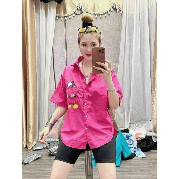 [3,3 Sales Freeship] Set bộ sơ mi from rộng tay ngắn in hình mickey phối quần ngố, set bộ lửng đi chơi trẻ trung dx