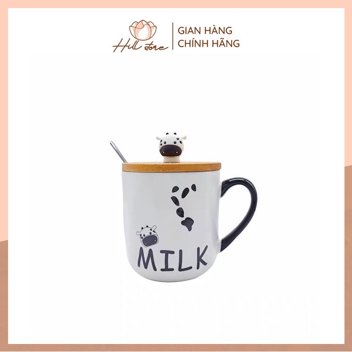 Cốc sứ văn phòng giữ nhiệt nóng lạnh 400ml, ly sứ uống nước con bò sữa có nắp đậy bằng sứ kèm muỗng + Hill Store