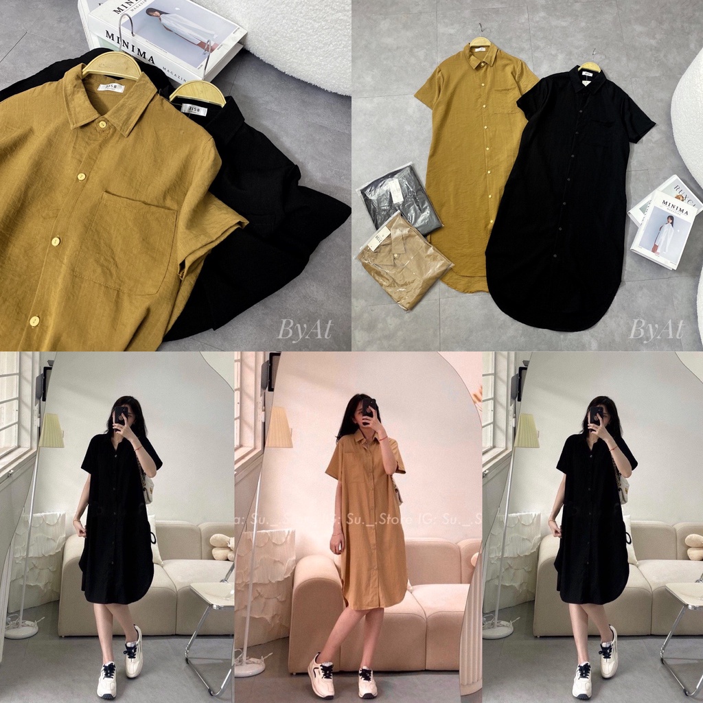 Váy somi đũi cổ đức dáng dài basic 2 màu đen - nâu bò dễ măcj bàu bí bon chen xinh dã man chất đũi mềm mát
