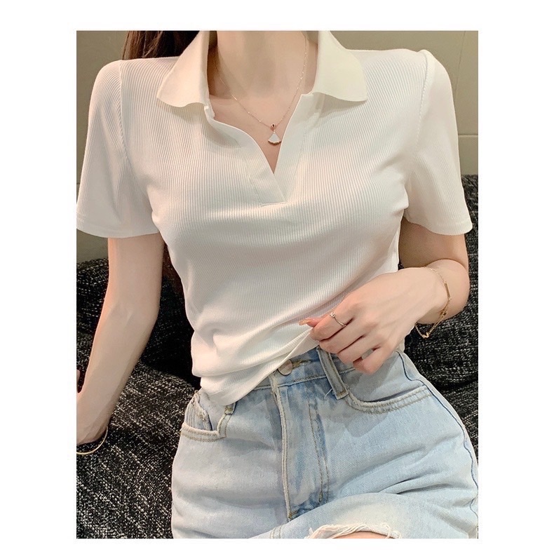 Áo Phông Trơn Nữ Chất Tăm Zip Cổ Bẻ Dáng Vừa Trơn Cổ V - Áo Thun Polo Trơn Nữ QC