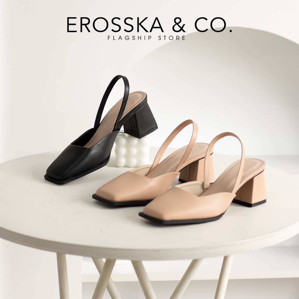 Erosska - Giày cao gót mũi vuông phối dây quai mảnh trẻ trung màu nude - EL026