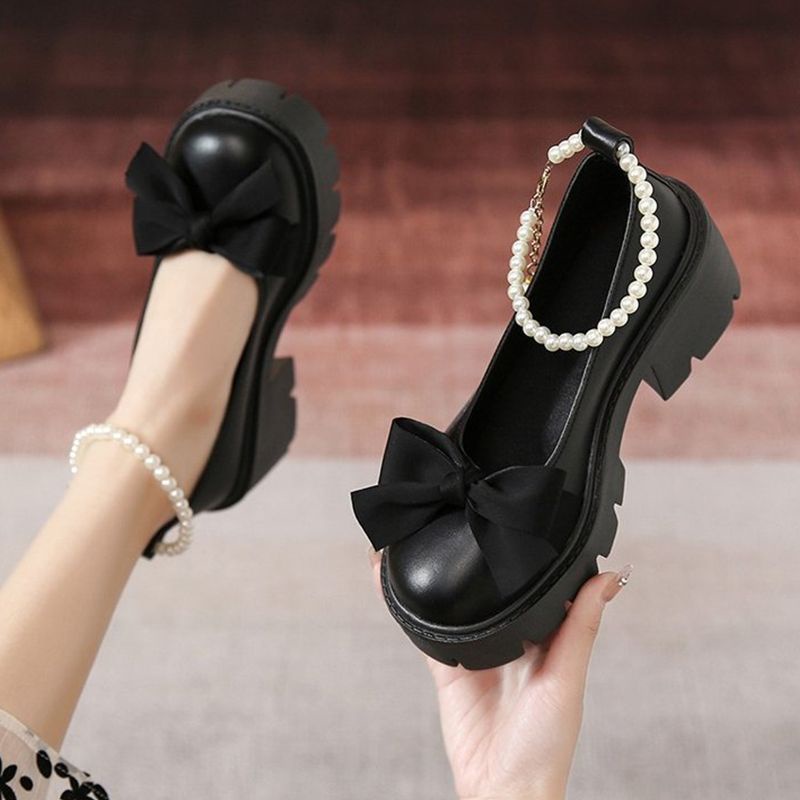 Giày Da Nữ Nơ Đế Dày Ngọc Trai Mary Jane