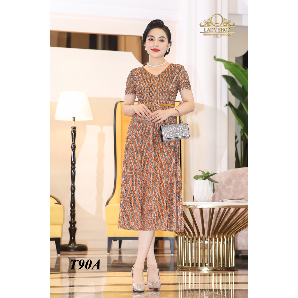 Đầm thun lưới hoa nhí nâu cam Ladyshop thời trang trung niên cao cấp T90