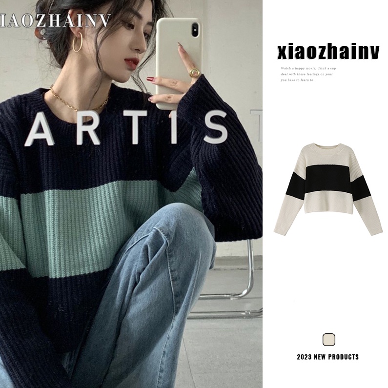 Xiaozhainv Áo Sweater Dệt Kim Dài Tay Hoạ Tiết Kẻ Sọc Thiết Kế Phong Cách Hàn Quốc