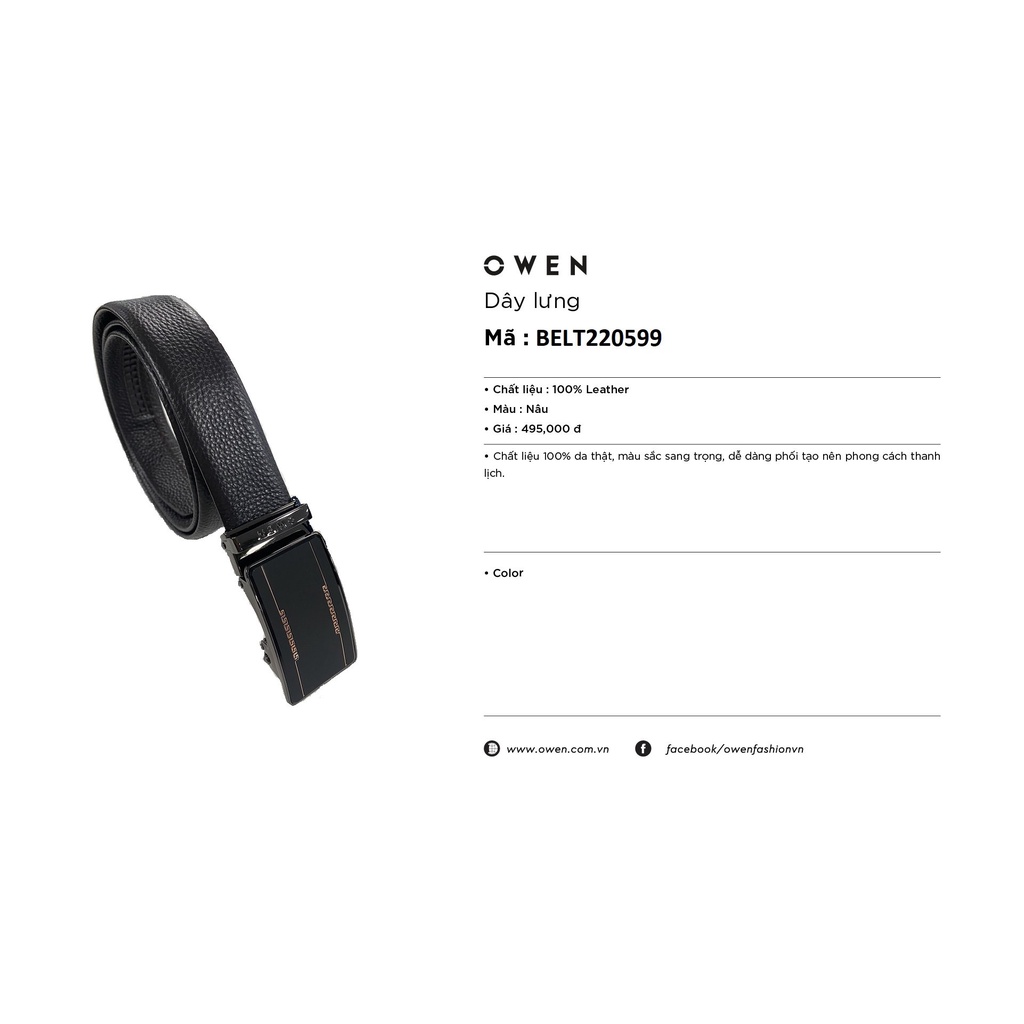 Thắt lưng nam da bò thật OWEN BELT220599 dây màu nâu cao cấp mặt đen đúng nguyên khối hợp kim nguyên khối khóa trượt