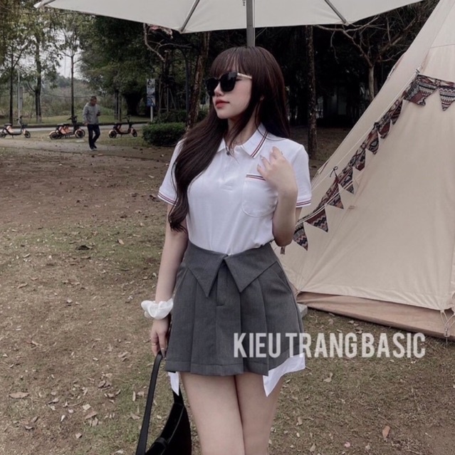 Áo polo nữ Thom Browne kèm chân váy xếp ly ngắn siêu xinh (Kèm video)