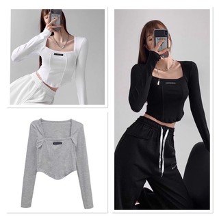 Áo Thun Nữ Tay Dài Cổ Vuông Đính Tag Trước Form Ôm Basic Co Giãn Thoải Mái CinZy SG