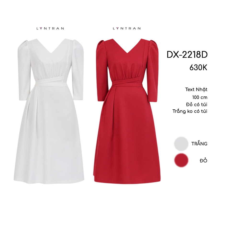 Váy xoè cổ V đai chéo dún DX-2218D Đầm tay dài xếp ly sườn duyên dáng