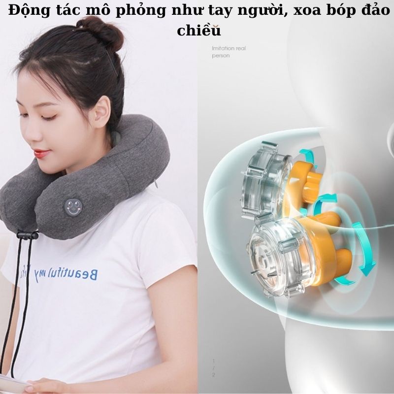 Gối massage cổ vai gáy chữ U, máy mát xa bơm hơi 6 bi 3D ôm sát cổ pin 1800mAh tạo cảm giác thoải mái, thư giãn