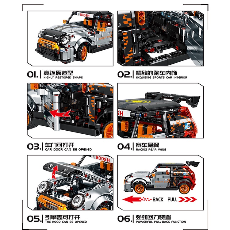 Mô hình Ô tô Mini Cooper đồ chơi lắp ráp  642 chi tiết có khả năng kéo lùi chuyển động
