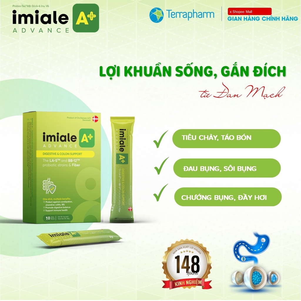 Lợi khuẩn sống, gắn đích IMIALE A+ Đan Mạch, hộp 10 gói hỗ trợ tiêu hóa