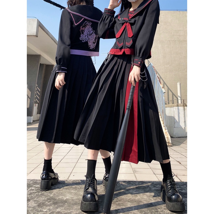 Sẵn -Bộ đồ đồng phục Yuji jk chính hãng nguyên bộ xuân hè mới bộ đồ thủy thủ bad girl tay dài váy dài full set