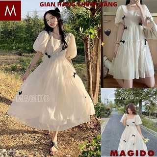Đầm Babydoll Nữ Đính nơ Váy Nữ Tay Bồng cổ vuông dáng xòe tiểu thư công chúa đáng yêu hàn quốc - MAGIDO