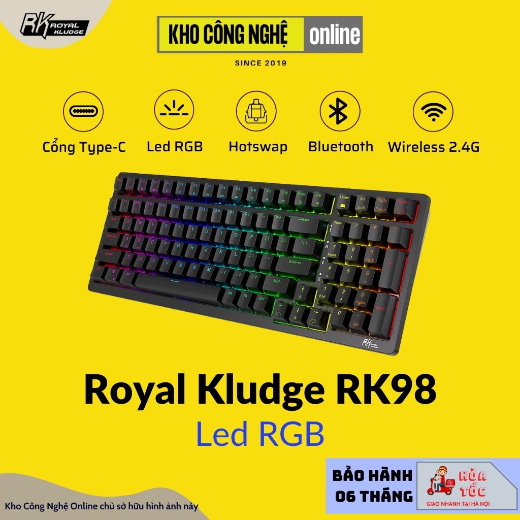 Bàn phím cơ không dây Royal Kludge RK98 Hotswap led RGB, kết nối 3 chế độ (Bluetooth 5.0 | Wireless 2.4G | Dây type C)