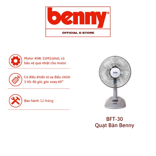 Quạt Bàn Benny BFT-30, Gray, 45W, 51m3/phút, 12 inch