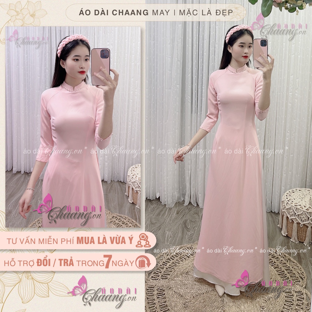 Áo dài truyền thống màu hồng Chaang May sẵn kiểu áo cổ vuông tay lỡ vải lụa tằm dự tiệc lễ tết đẹp-vững trần