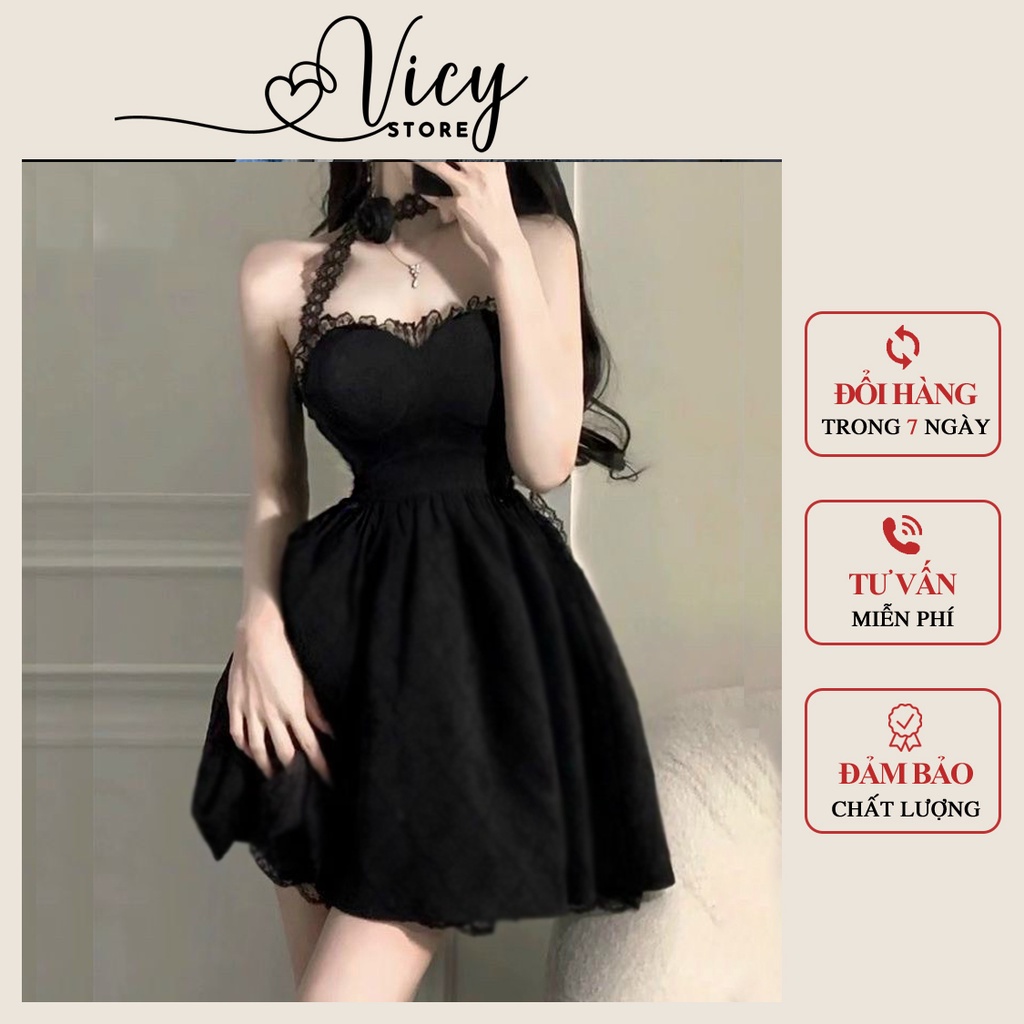 Đầm đen cúp ngực dáng xòe ngắn kèm dây hoa ren, váy nữ xinh phối ren đi chơi đi tiệc Vicy ĐECN003
