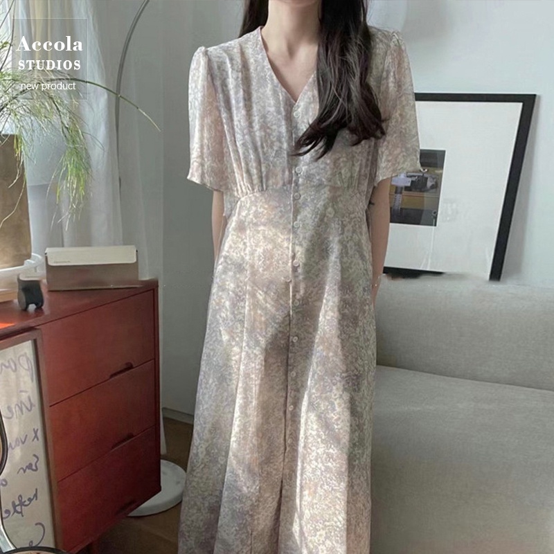 Váy voan hoa nhí MORAN cổ V cài dọc khuy hoa vintage nhẹ nhàng thắt eo điệu đà Hàn Quốc
