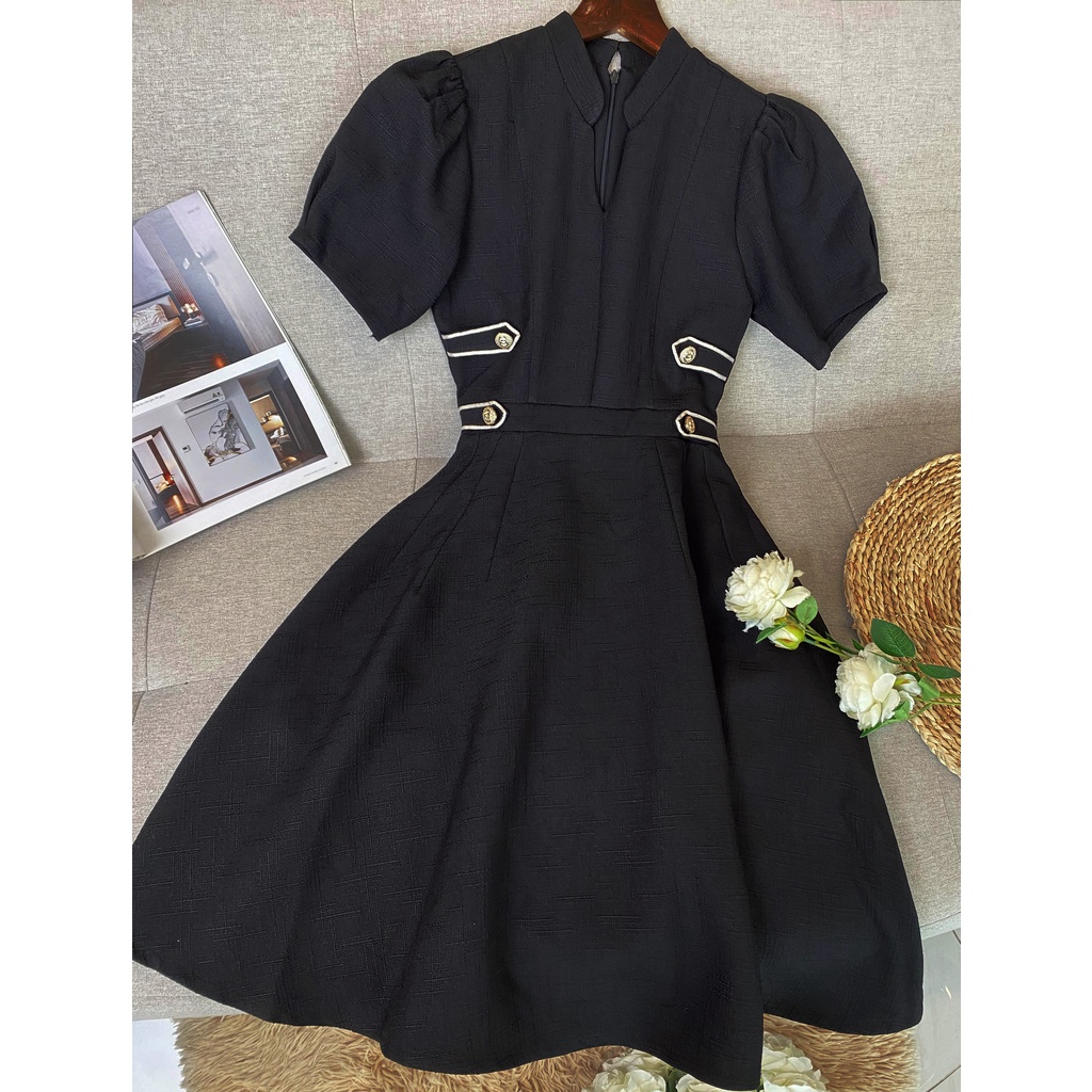 Đầm đen dự tiệc sang trọng dáng xòe tay phồng thanh lịch thiết kế cao cấp xinh eo tôn dáng che bụng - Thời trang Lux W