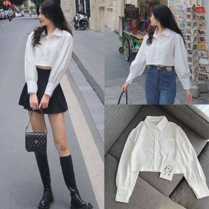 Áo Croptop Sơ Mi Tay Dài 1 Túi