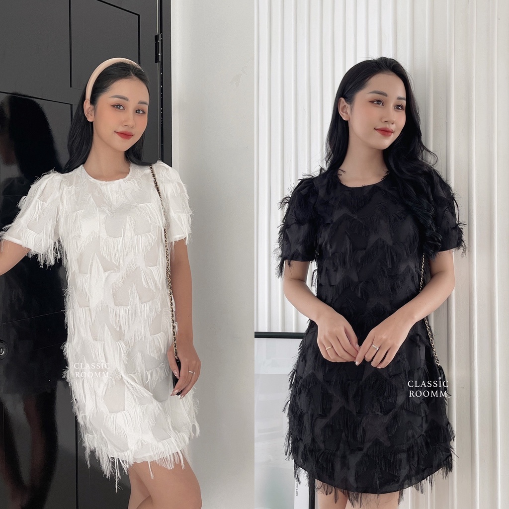 Váy lụa xuông mix lông vũ siêu sang chảnh - Classic Roomm