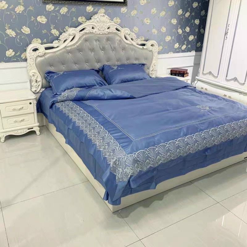Bộ chăn ga lụa silk machia HLHOME thêu viền bèo siêu mềm mại, thoáng mát