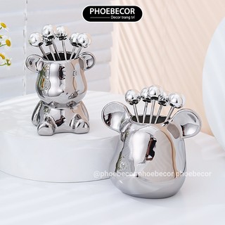Dĩa ăn hoa quả nĩa trái cây inox không gỉ kèm ống đựng hình Gấu gốm sứ cao cấp - PB152