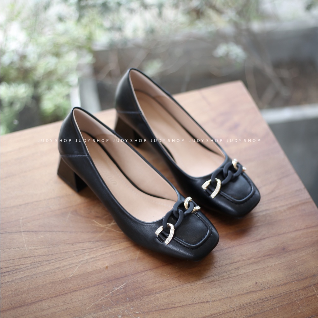 Giày Công Sở Nữ - Giày Gót Vuông Da Mềm khuy Xích Cao 4p QCCC