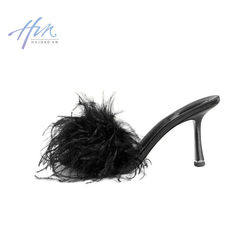 Dép Cao Gót Phối Lông Màu Đen Thời Trang Quyến Rũ Cao Cấp Cho Nữ