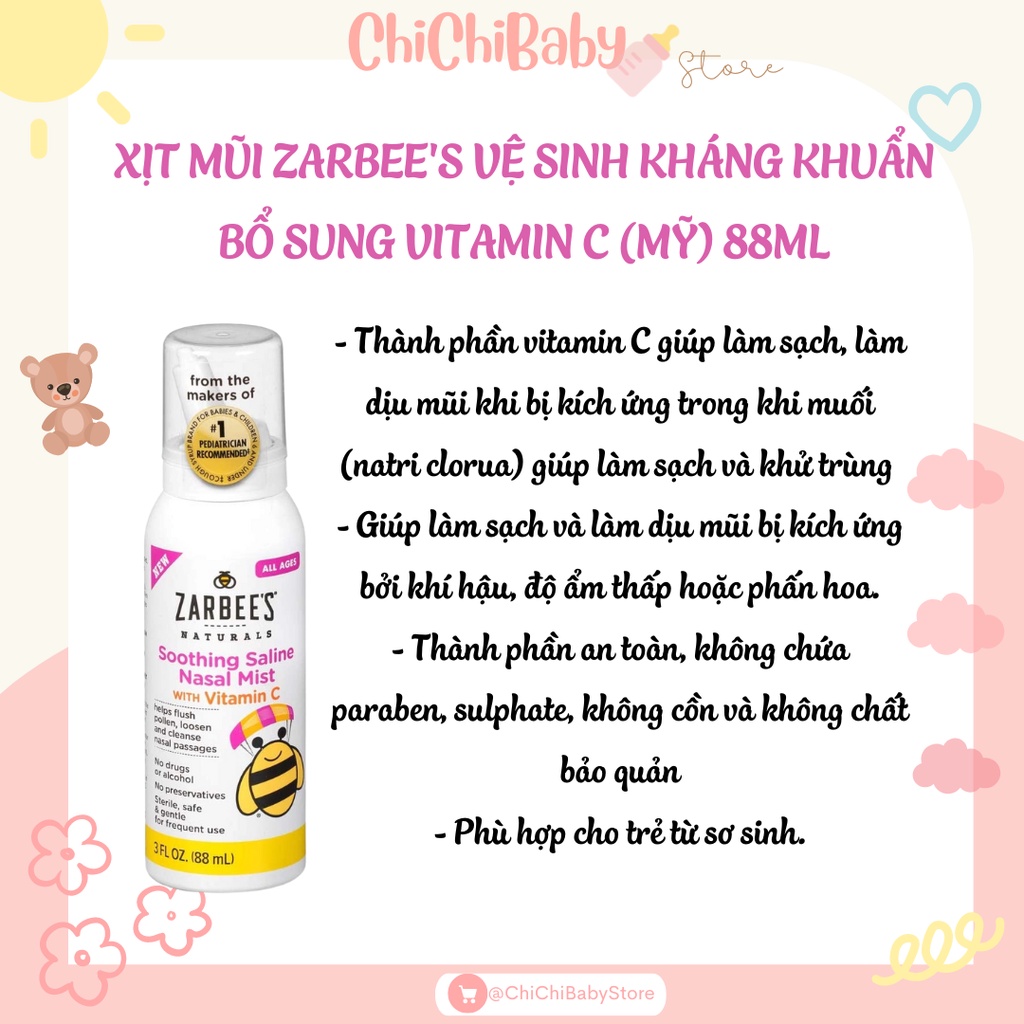 Xịt mũi Zarbee's có chứa Vitamin C cho bé từ sơ sinh trở lên