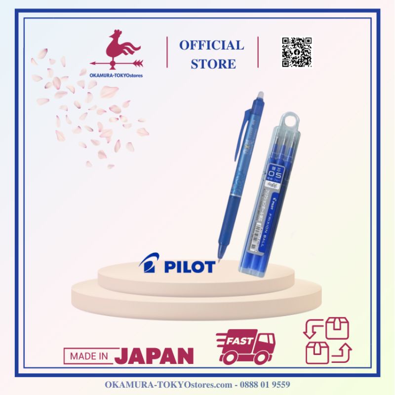 Combo 1 bút bi tẩy xóa được 3 ruột bút frixion ball clicker mực xanh, Pilot, viết êm không tạo bụi thông minh, ngòi 0.5m