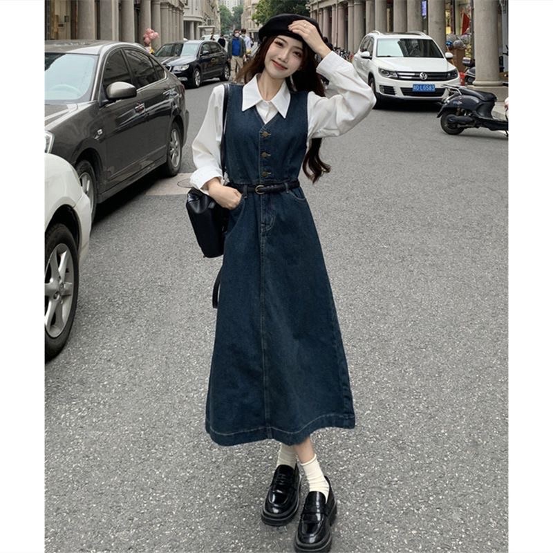 SET ÁO SƠ MI+ VÁY YẾM DENIM Phong Cách Hàn Quốc Trendy 2023