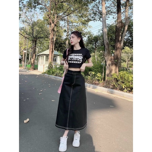 Áo Thun Croptop Tay Ngắn Cổ Tròn Hoạ Tiết In Chữ WEEKEEP Cá Tính