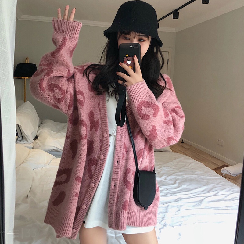 Áo Cardigan nữ dệt kim form rộng cổ V họa Tiết Báo phong cách Hàn Quốc H-1 CS