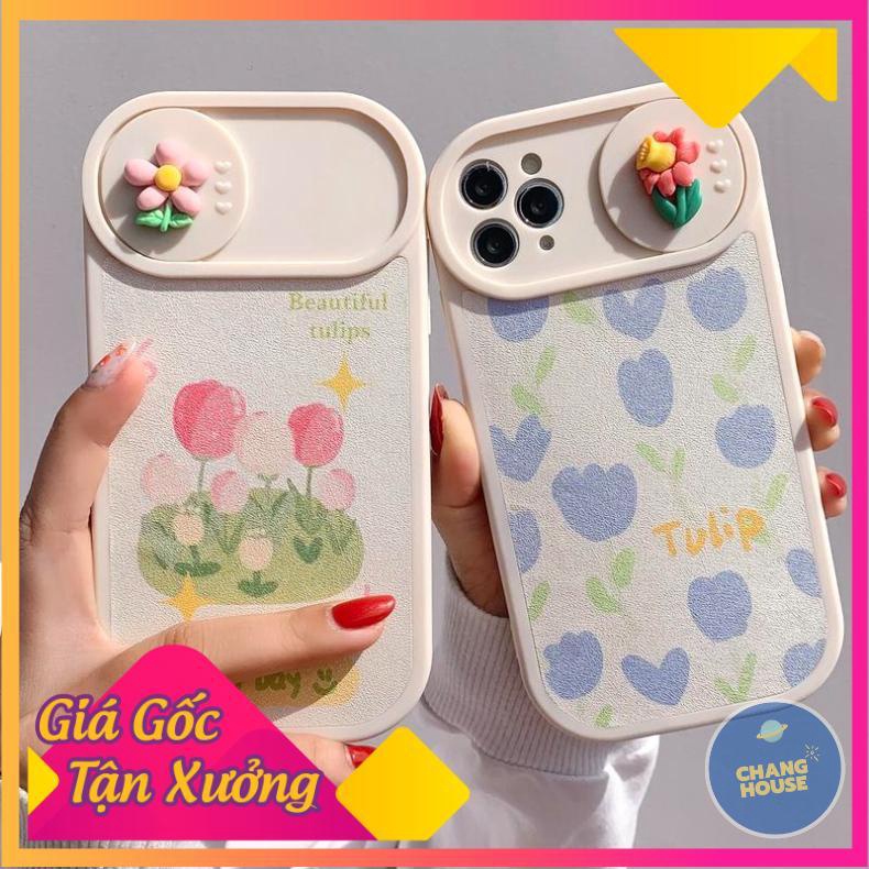 Ốp Lưng Da Bảo Vệ Camera - Có Nắp Trượt Mẫu Flower Nổi