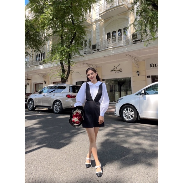 [ẢNH ĐỘC QUYỀN UIMEECLOSET] Áo sơ mi nữ tay phồng cổ sen mix váy yếm