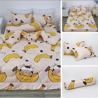 Trọn bộ 5 món chăn ga gối Poly set hè và set phao- mẫu bò sữa chuối