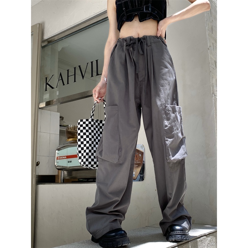 Quần Yếm Lưng Cao Ống Rộng Màu Xám Phong Cách Retro Mỹ Thời Trang Mùa Hè Cho Nữ