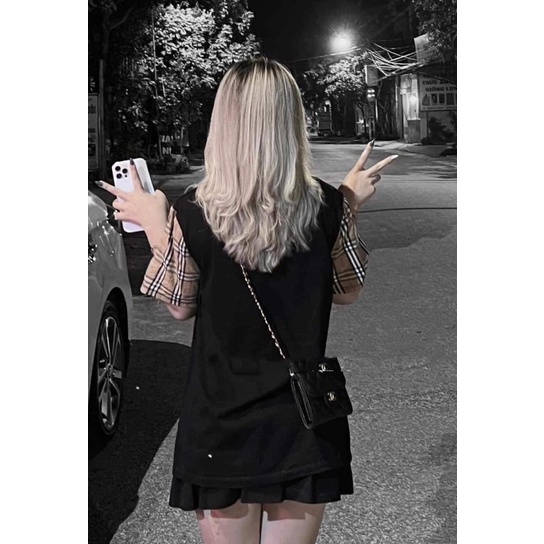 Áo phông phối tay kẻ karo nâu bbr H2A767